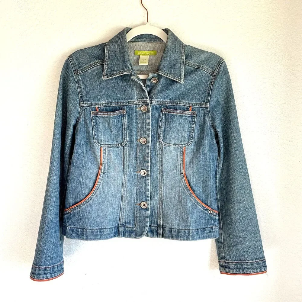 Sigrid Olsen Y2K Crop Denim Jacket Orange Piping Contrast Trim Size 2 Petite - Picture 4 of 10